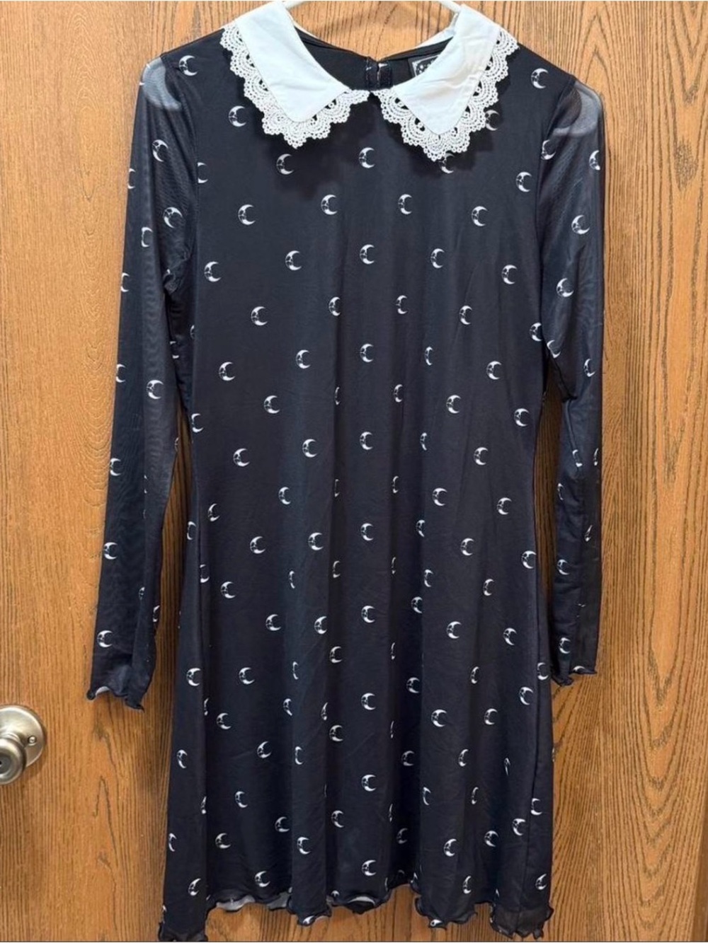 Killstar Black Moon-Print Dress with White Lace Collar Mesh long sleeve